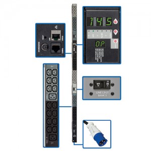 14.5kW 3 Phase Monitored PDU 200 208 240V Outlets 42 C13 6 C19 IEC 309 60A Blue 10ft Cord 0U Vertical TAA