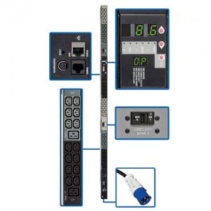 10kW 3 Phase Monitored PDU 200 208 240V Outlets 42 C13 6 C19 IEC 309 30A Blue 3ft Cord 0U Vertical TAA